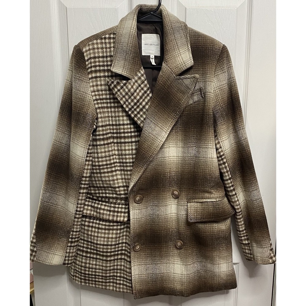 Avec Les Filles Women 1/2 Plaid Mixed Brown Blazer Double Breast Jacket EUC-S